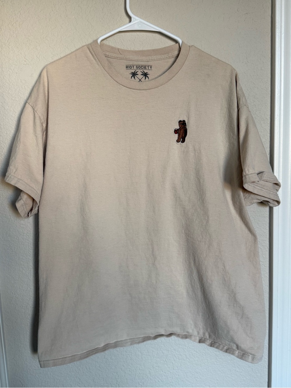 riot society Beige Short Sleeve Tee with Brown Bear Patch